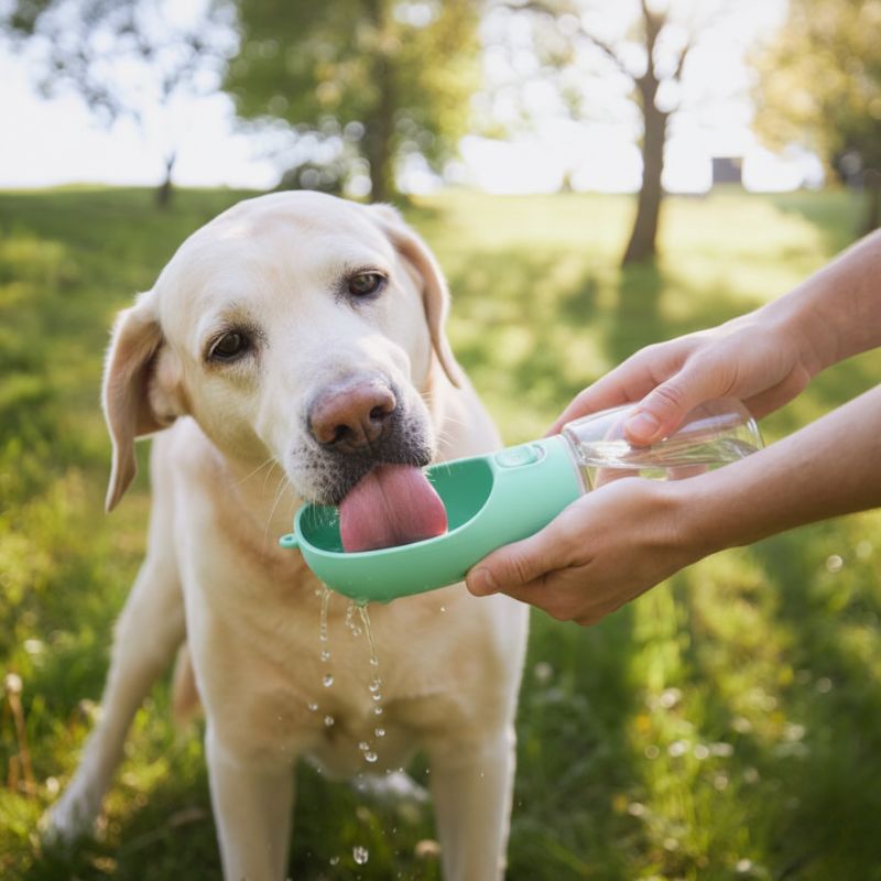 Dog drinking water from a green bowl held by a person in a park setting