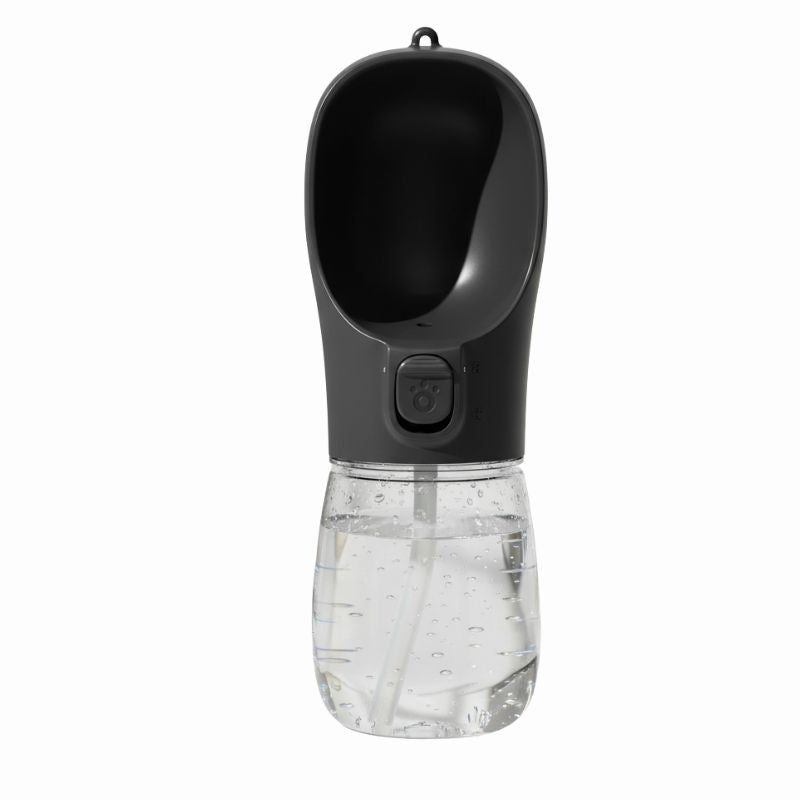 Portable pet water bottle with a black top and clear bottom on a white background