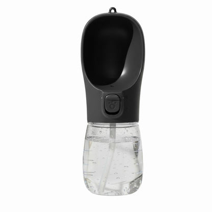 Portable pet water bottle with a black top and clear bottom on a white background
