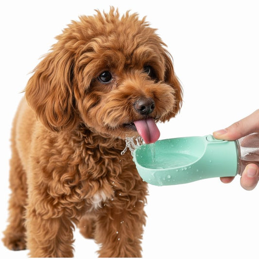 Brown dog drinking from a green pet water bottle on a white background