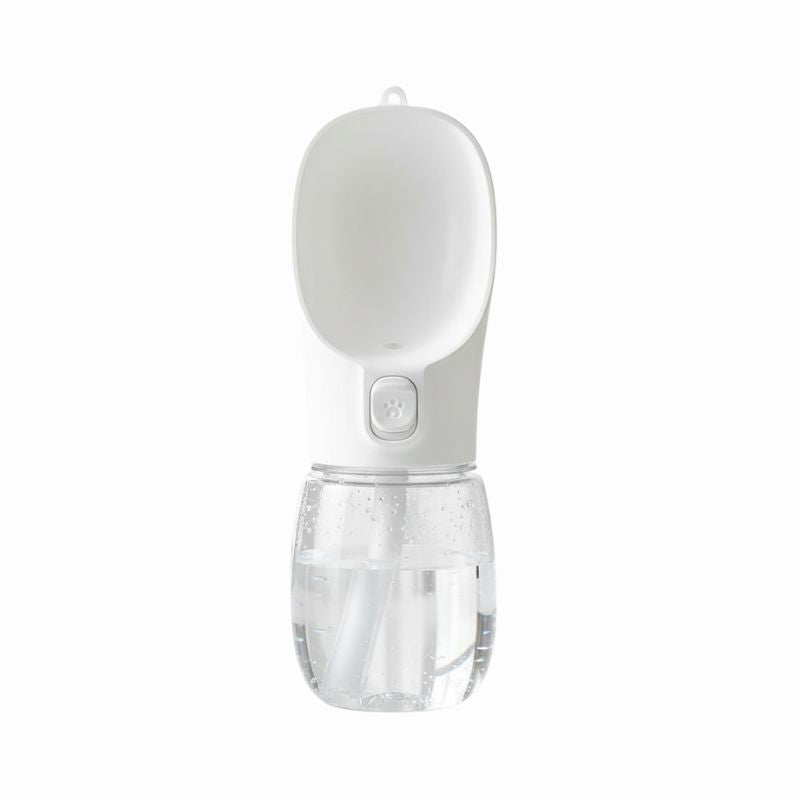 Portable pet water bottle with a white top and clear bottom on a white background