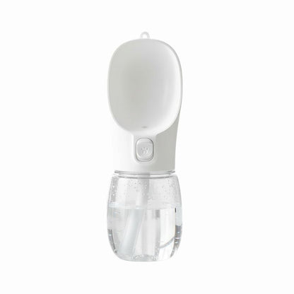 Portable pet water bottle with a white top and clear bottom on a white background