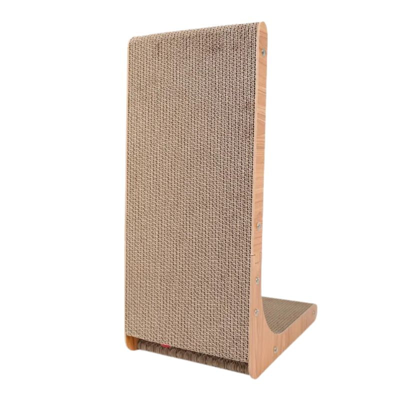 Beige cat scratcher with wooden base on a white background