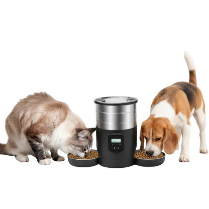 Cat and dog eating from a digital pet feeder on a white background