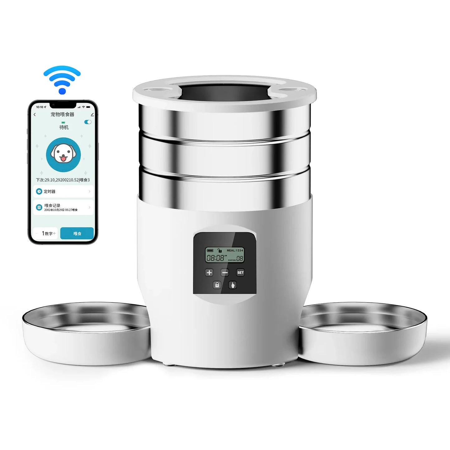 Smart kitchen container with digital display and app on smartphone, on a white background