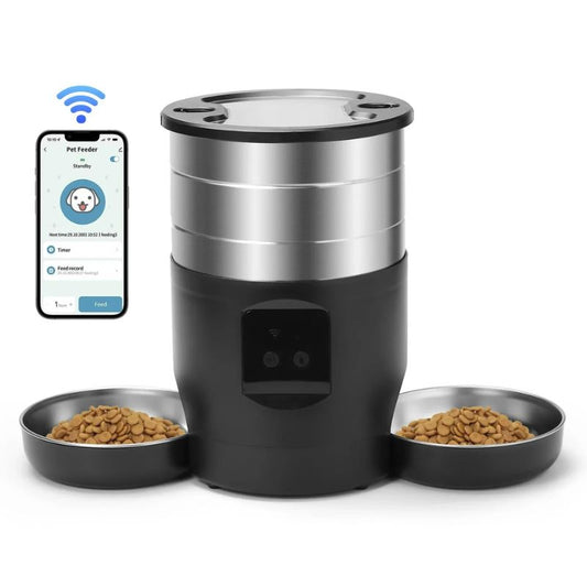 Smart pet feeder with two bowls of food and a smartphone app displayed on a white background