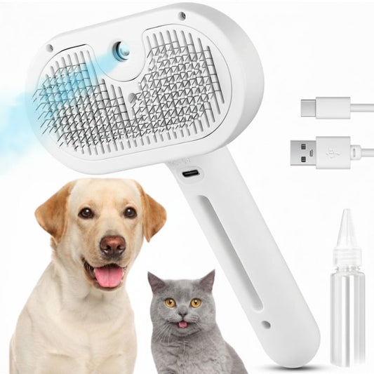 Pet grooming tool with USB cable, battery, and images of a dog and cat on a white background
