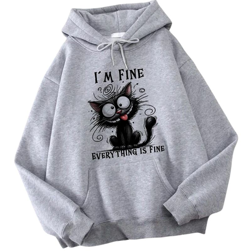 Gray hoodie with a black cat graphic and text on a white background