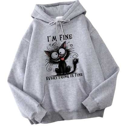 Gray hoodie with a black cat graphic and text on a white background