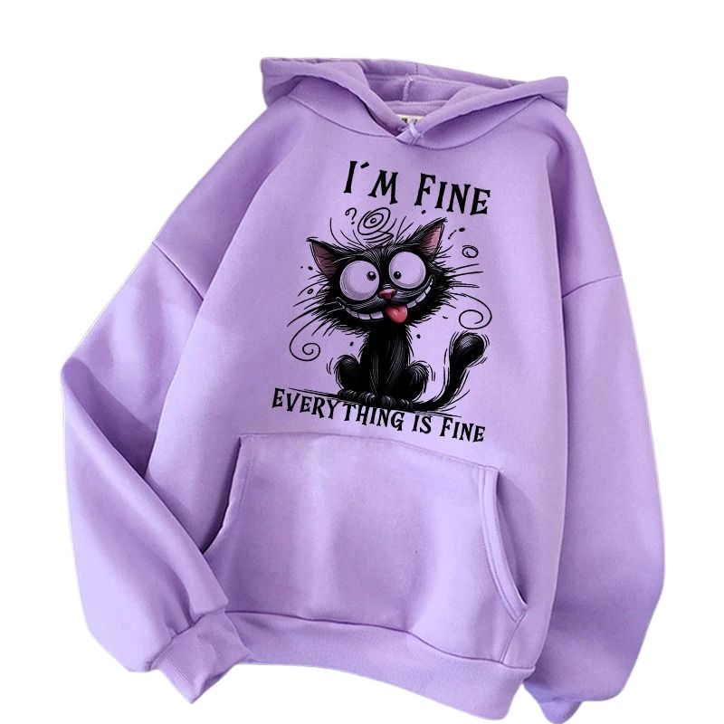 Purple hoodie with a cartoon cat and text on a white background