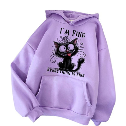 Purple hoodie with a cartoon cat and text on a white background