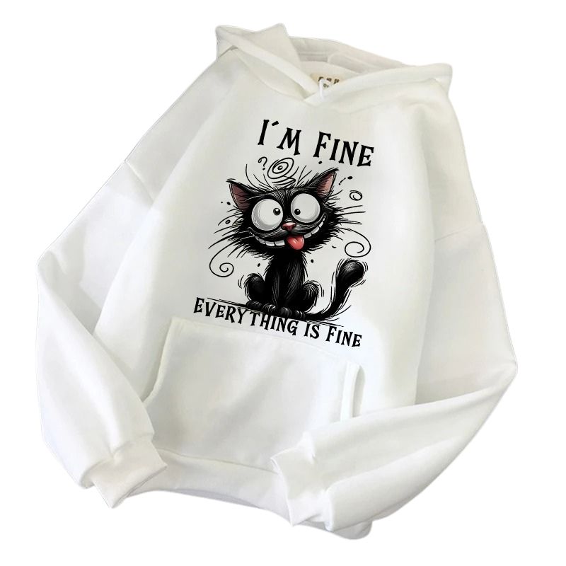 White hoodie with a black cat graphic and text 'I'm fine, everything is fine' on a white background