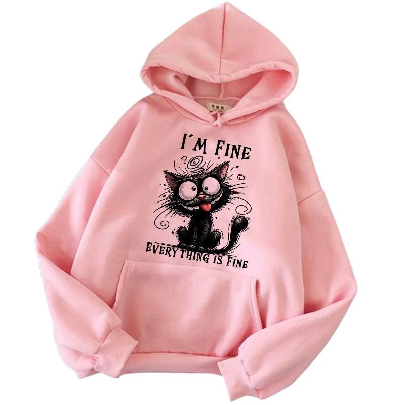 Pink hoodie with a black cat graphic and text on a white background