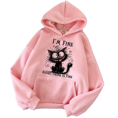 Pink hoodie with a black cat graphic and text on a white background