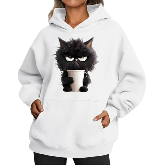 White hoodie with a black cat holding a coffee cup design on a white background