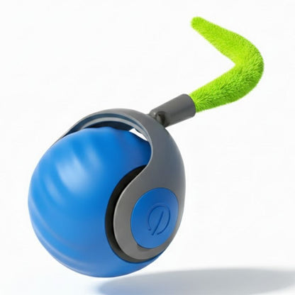Blue ball with a gray handle and green textured grip on a white background