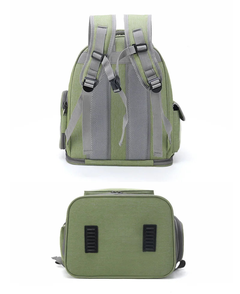 Green backpack with gray straps on a white background