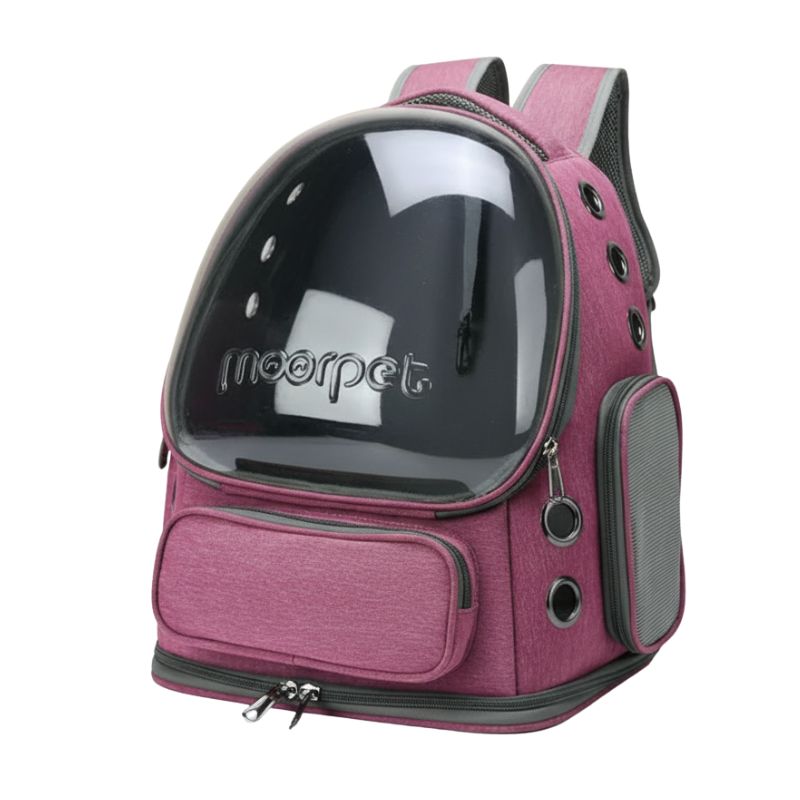 Pink pet backpack with transparent front on a white background