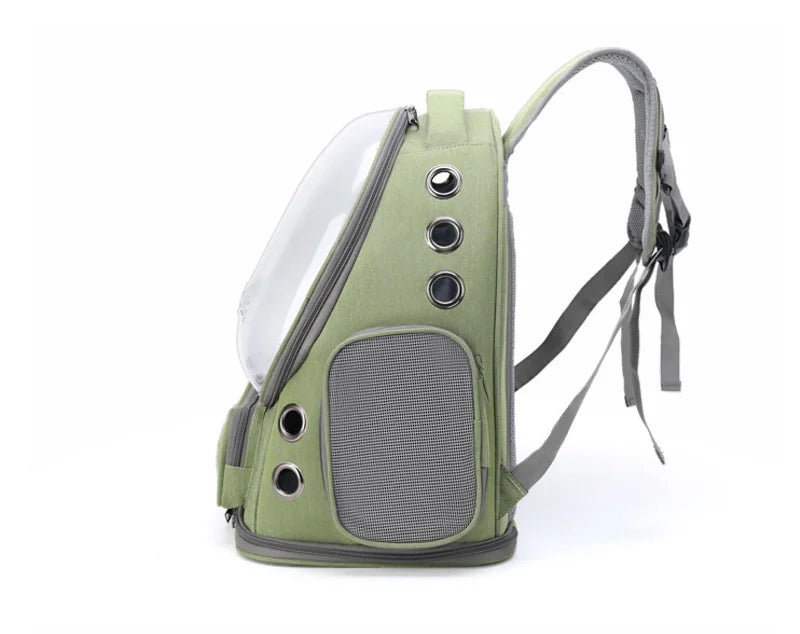 Green pet carrier backpack with transparent front on a white background