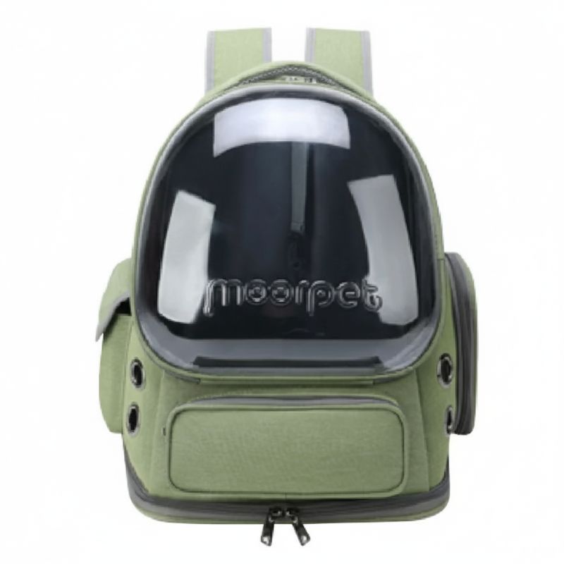 Green pet backpack with transparent front panel on a white background
