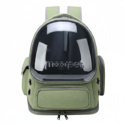 Green pet backpack with transparent front panel on a white background