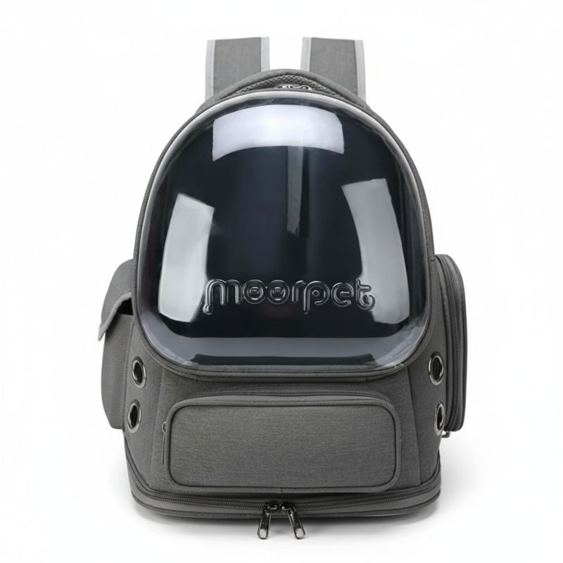 Pet backpack with a transparent front panel on a white background