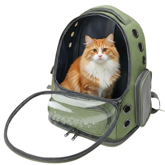Cat inside a green pet backpack with 'Woof' branding on a white background