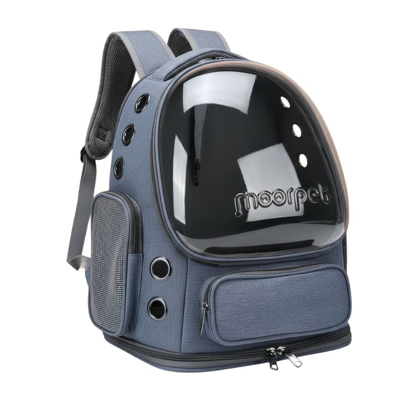 Blue pet backpack with transparent front on a white background