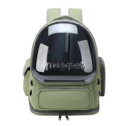 Green pet backpack with transparent front on a white background