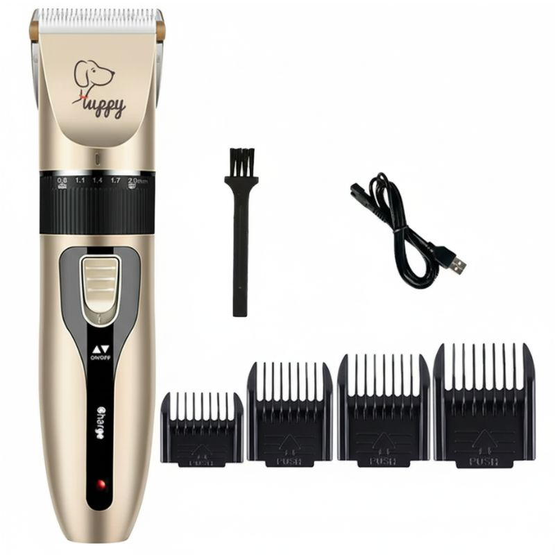 Dog grooming trimmer set with attachments on a white background