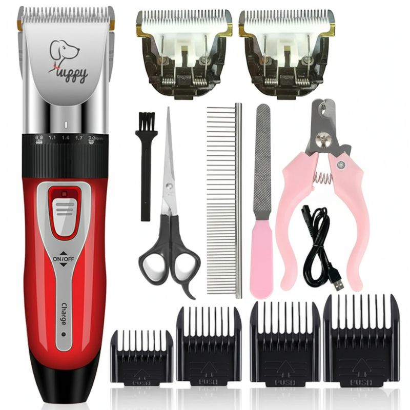 Dog grooming kit with a hair clipper, scissors, combs, and attachments on a white background