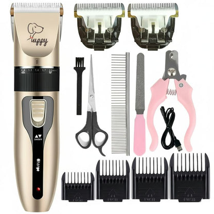 Pet grooming kit with a gold clipper, attachments, scissors, and other tools on a white background.