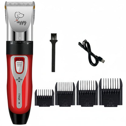 Red and silver pet grooming clipper with attachments on a white background