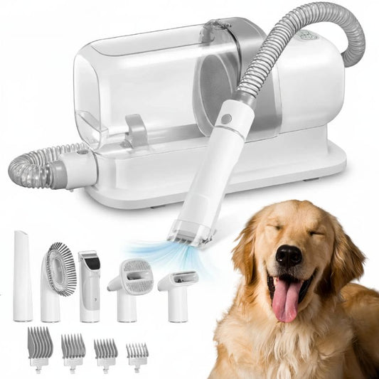 Pet grooming tool with attachments and a dog on a white background