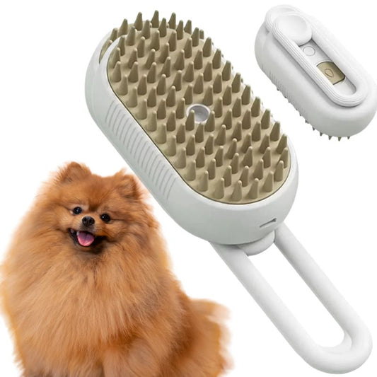 Pet grooming brush with a dog and a white background