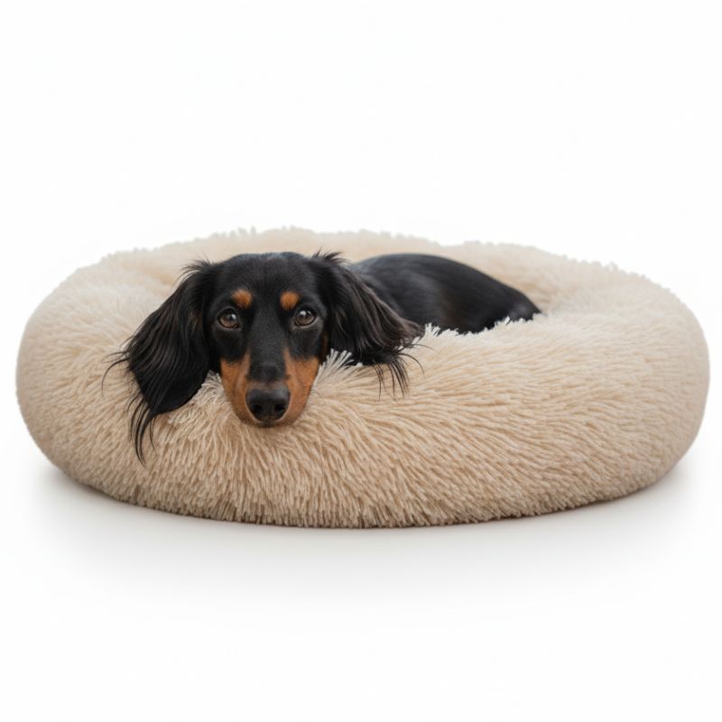 Dog lying on a fluffy beige pet bed against a white background