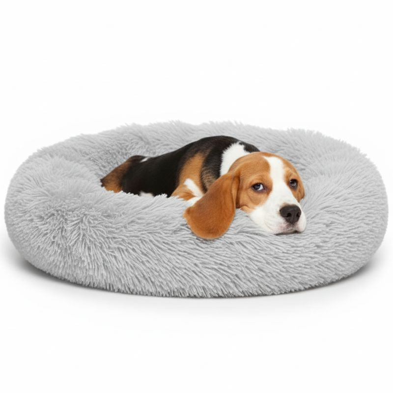 Dog lying on a fluffy gray pet bed against a white background