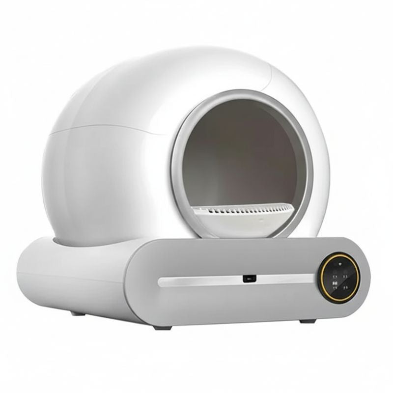 White pet bed with a control panel on a white background