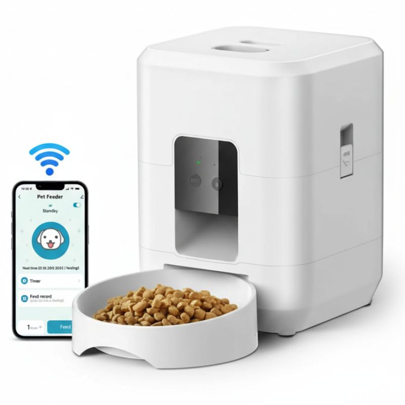 White pet feeder with a bowl of kibble and a smartphone displaying an app on a white background