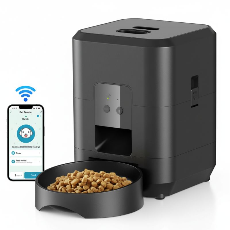 Black pet feeder with a bowl of kibble and smartphone app interface on a white background
