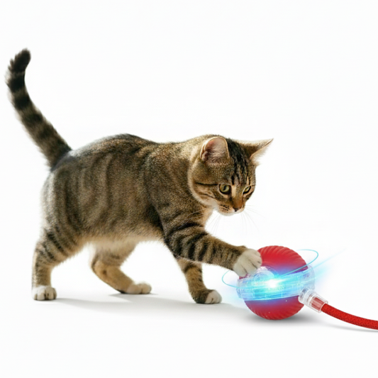 Cat playing with a glowing red and blue toy on a white background