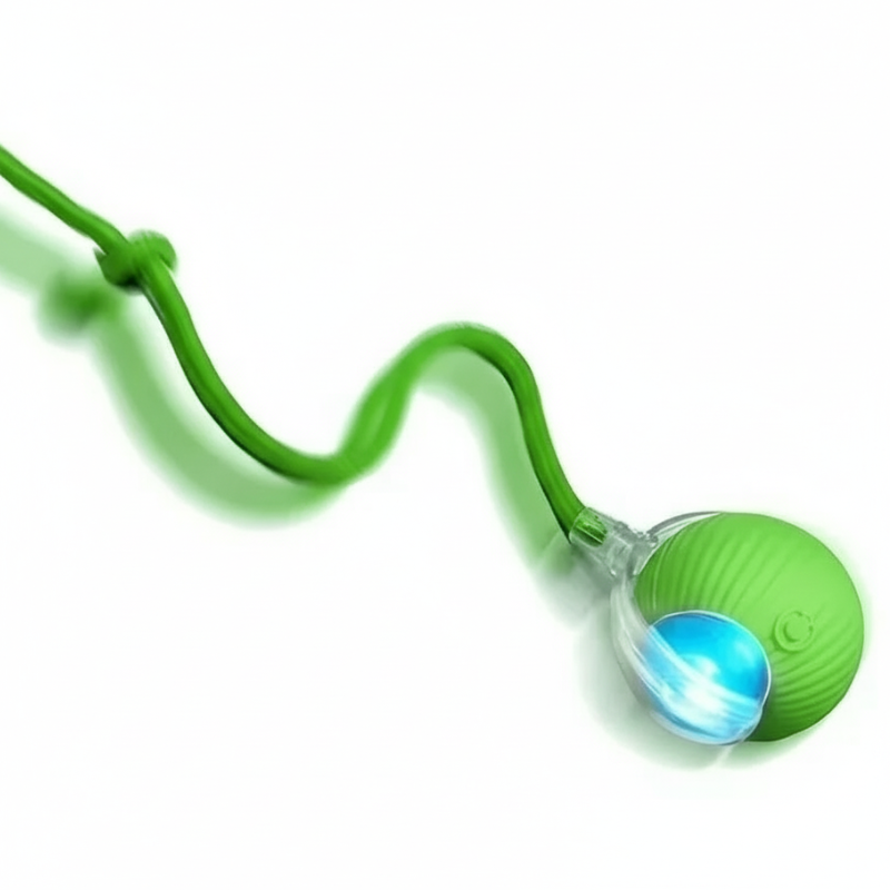 Green and clear toy with a blue light on a white background
